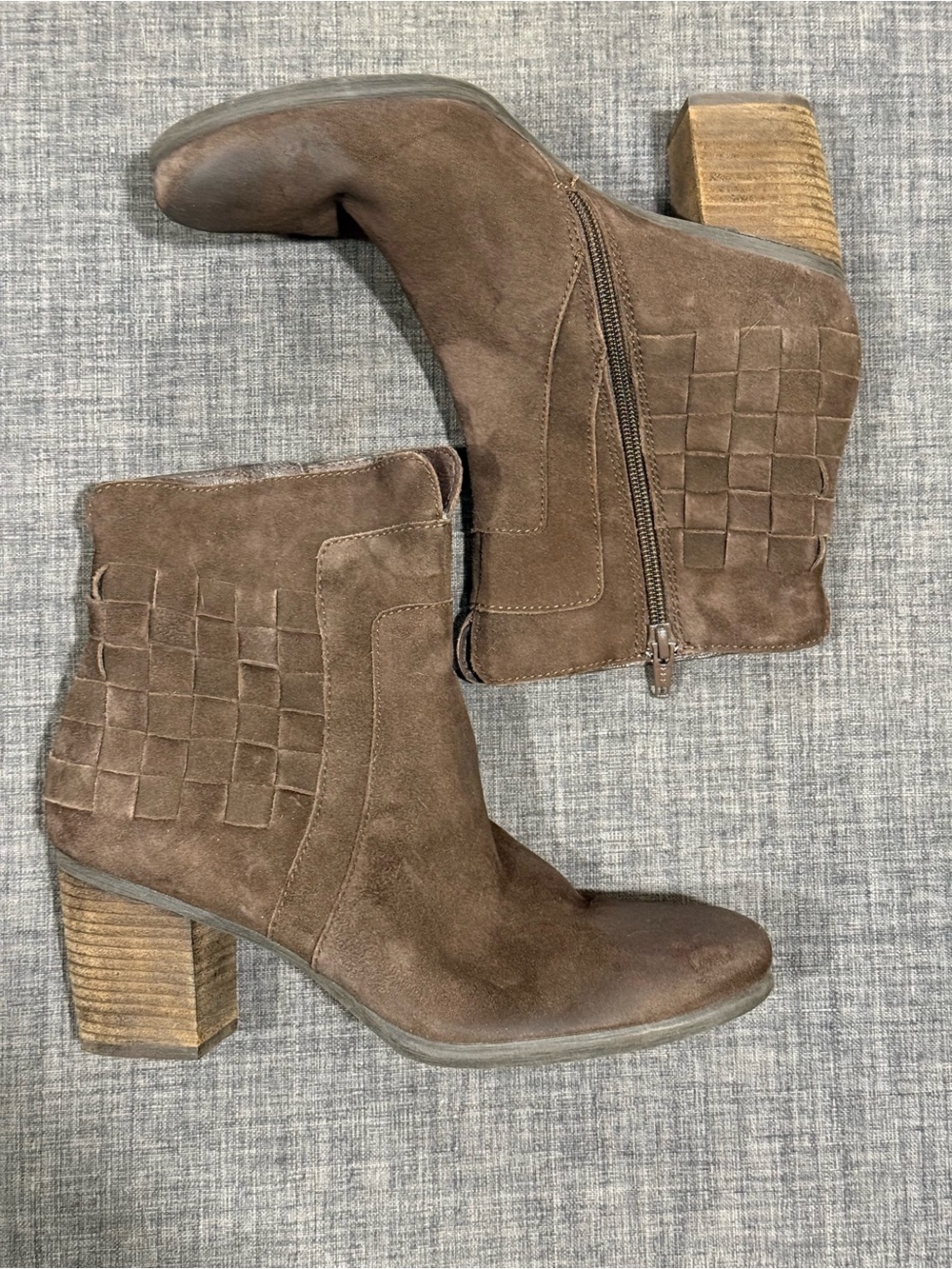 Josef Seibel Brown Suede Woven Ankle Boots with Block Heel